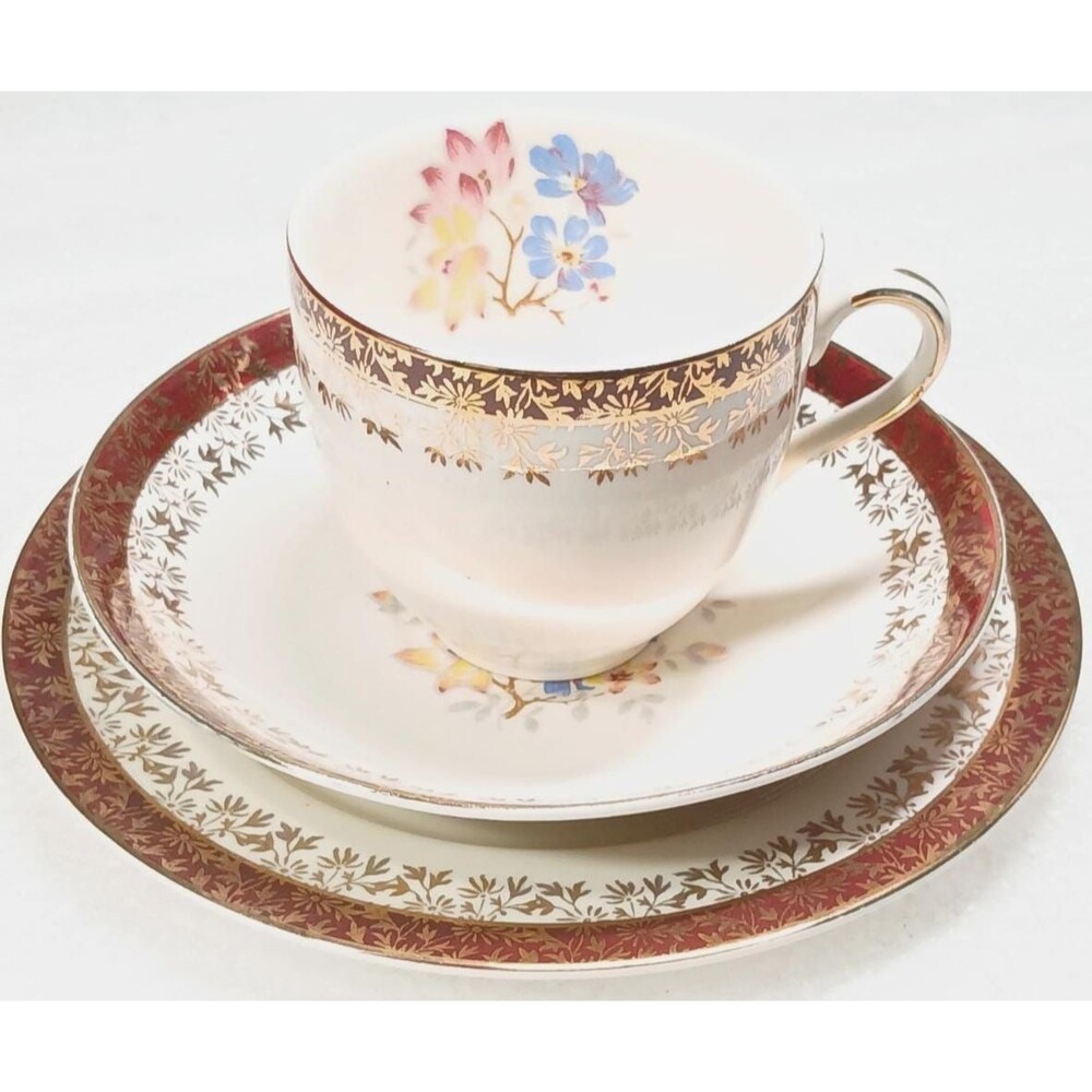 Alfred Meakin Gold Floral Trio Teacup Saucer Plate 1940s England Gilt Border